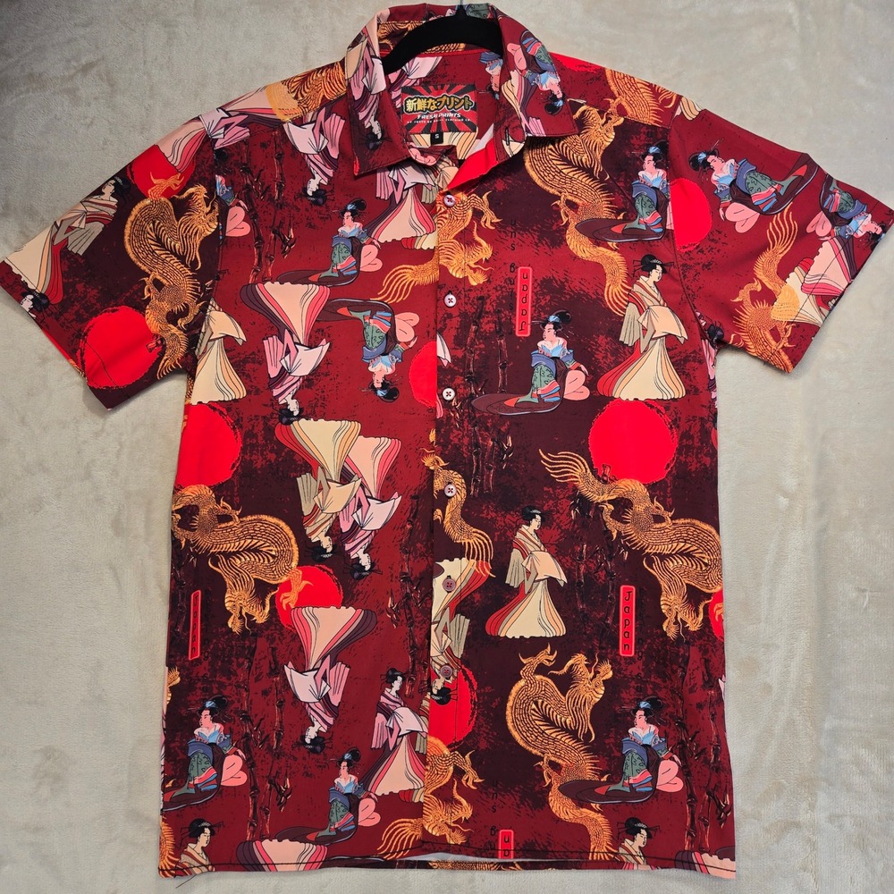 Fresh Prints Button Down Shirt Mens Small Red Excellent Japanese Dragon Geisha - Picture 1 of 6